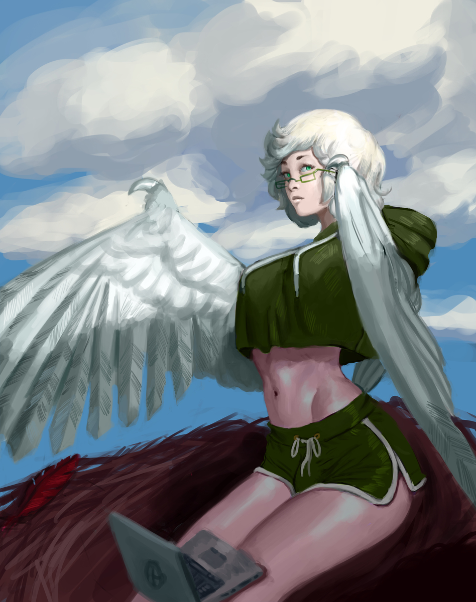 1girl aqua_eyes breasts bulge claws cloud computer feathered_wings feathers female_focus glasses harpy highres hood hoodie laptop midriff monster_girl navel nest original rhydwyn sitting sky solo white_feathers white_hair winged_arms wings