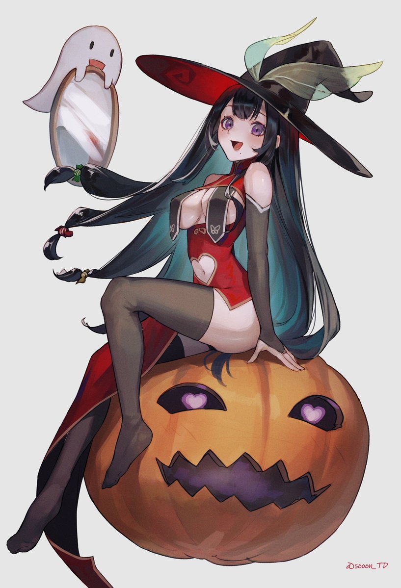 1girl :d artist_name black_hat black_thighhighs breasts china_dress chinese_clothes cleavage_cutout clothing_cutout commentary_request commission dress hat heart_cutout indie_virtual_youtuber kurokami_noah large_breasts mirror navel navel_cutout open_mouth pumpkin red_dress second-party_source sitting smile solo sooon thighhighs tongue twitter_username virtual_youtuber watermark witch witch_hat