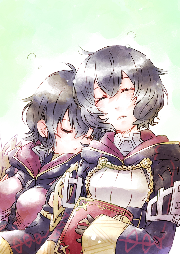 2girls alternate_costume black_hair book brown_gloves dual_persona ebi_puri_(ebi-ebi) fire_emblem fire_emblem_awakening fire_emblem_heroes gloves holding holding_book hood morgan_(female)_(fire_emblem) morgan_(fire_emblem) multiple_girls nintendo official_alternate_costume sleeping sleeping_on_person