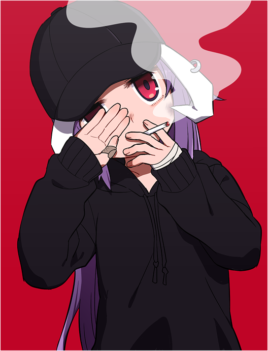 1girl bandaged_hand bandaid baseball_cap black_hat black_hoodie bruise bruise_on_face cigarette commentary cookie_(touhou) covering_own_mouth earrings hand_over_eye hand_over_own_mouth hat hisui_(cookie) hood hoodie injury jewelry long_hair looking_at_viewer purple_hair red_background red_eyes reisen_udongein_inaba remmuh_(cookie) simple_background smoke smoking solo tdnbk touhou upper_body