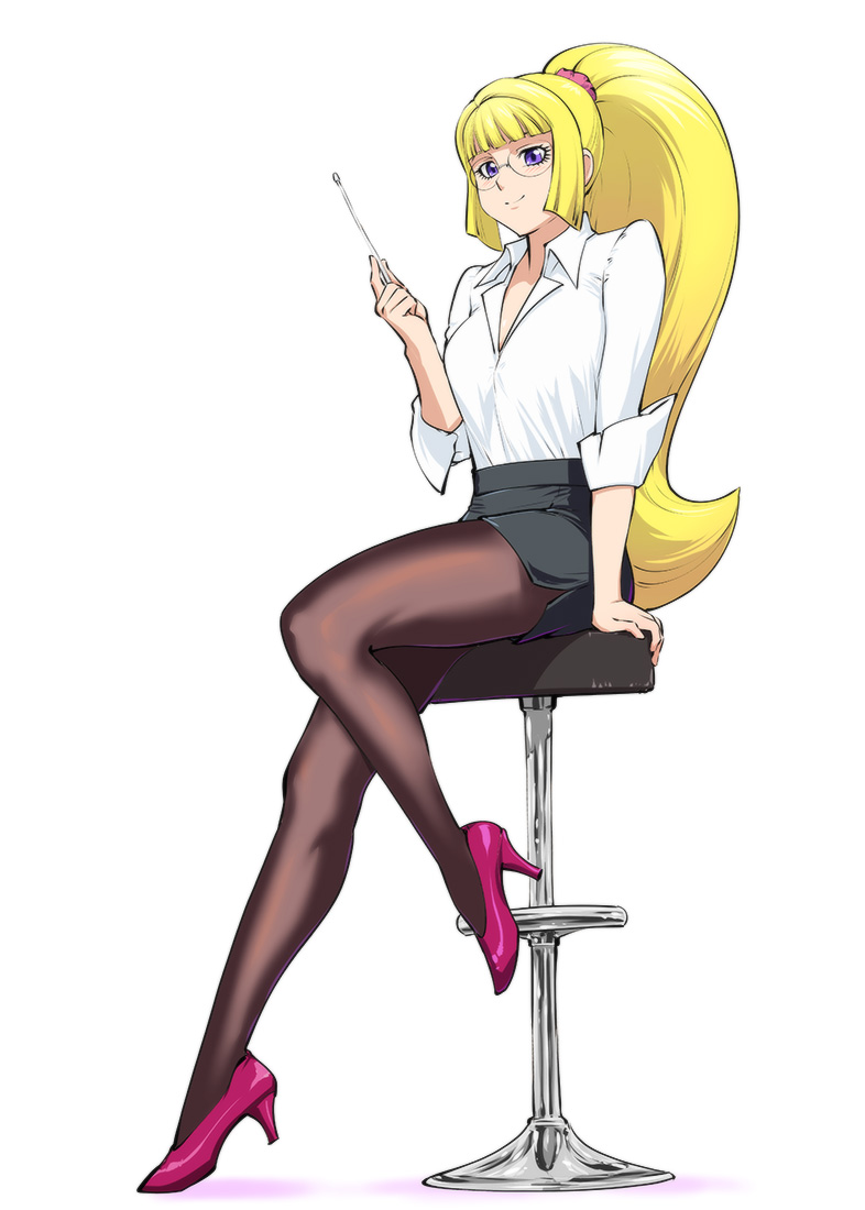 ueyama michirou, kudelia aina bernstein, gundam, gundam tekketsu no  orphans, 1girl, alternate costume, bespectacled, blonde hair, blush,  glasses, high heels, long hair, pantyhose, pointer, ponytail, pumps, shiny  clothes, sitting, skirt, smile, solo,