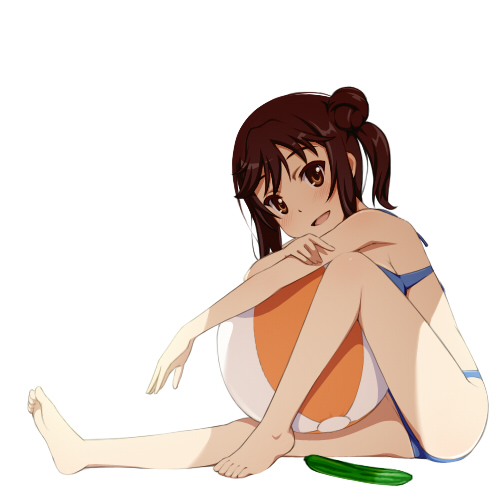 1girl :d ball barefoot beachball bikini blue_bikini blush brown_eyes brown_hair caryo cucumber female_focus food full_body hair_bun ichijou_hotaru looking_at_viewer lowres midori_boushi non_non_biyori open_mouth short_hair simple_background single_hair_bun sitting smile solo swimsuit white_background