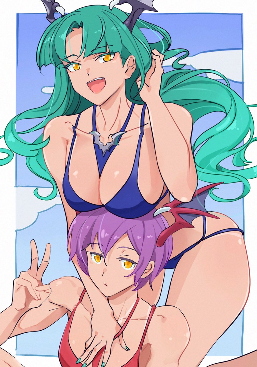 2girls bikini blue_bikini breasts cleavage darkstalkers futa_yuri_ryona green_hair head_wings highres large_breasts lilith_(darkstalkers) looking_at_viewer morrigan_aensland multiple_girls purple_hair smile swimsuit wings yellow_eyes