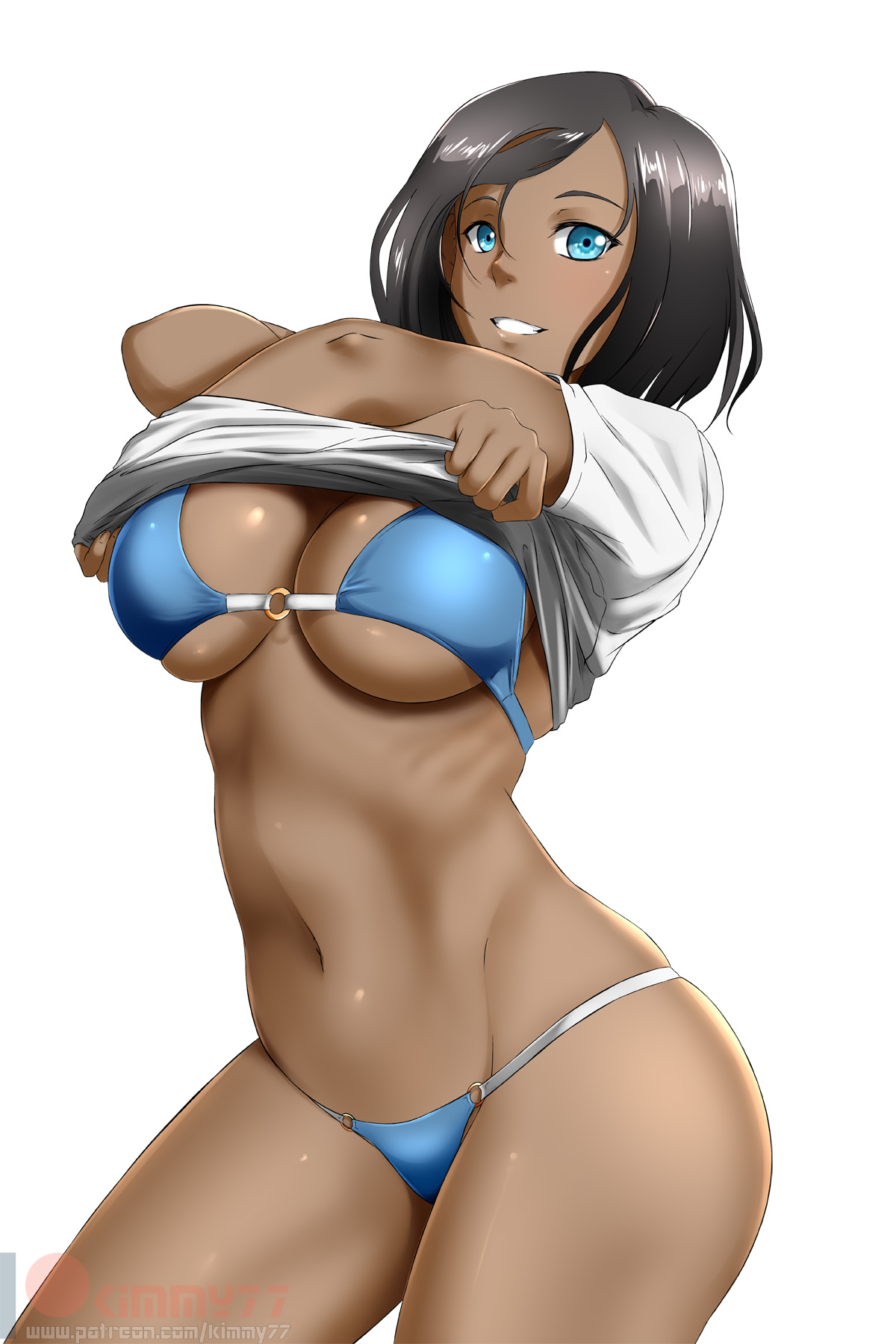 kimmy77, korra, avatar legends, the legend of korra, highres, 1girl, :d,  arms up, bikini, black hair, blue bikini, blue eyes, blush, breasts,  clothes lift, contrapposto, cowboy shot, grin, large breasts, lifted by