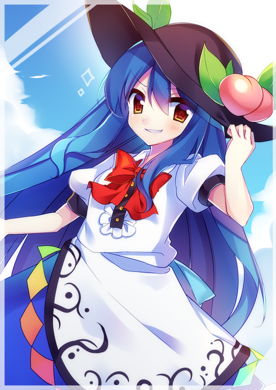 1girl apron black_hat blue_hair blue_skirt bow buttons collared_shirt food frills fruit hat hinanawi_tenshi kujou_mikuru leaf long_hair looking_at_viewer peach red_bow shirt short_sleeves skirt smile solo touhou very_long_hair white_shirt