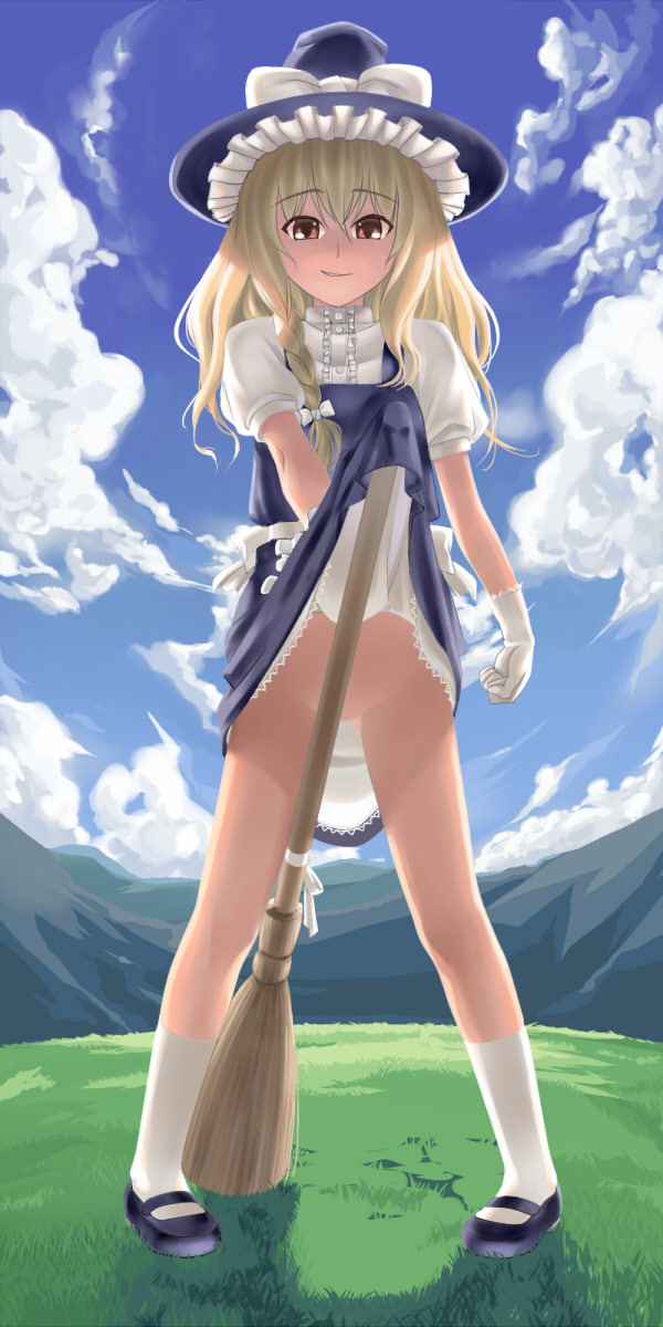 1girl broom dress female_focus full_body hat highres kirisame_marisa nature no_panties outdoors oyamada_musshu plant sky solo touhou upskirt