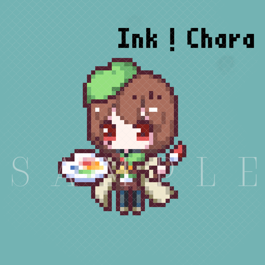 1other alternate_universe aqua_background black_pants brown_hair chara_(undertale) coat dotpict_(medium) green_hat grey_sweater hat holding holding_paintbrush holding_palette inkotheparrot looking_at_viewer paintbrush palette_(object) pants pixel_art red_eyes short_hair simple_background solo sweater undertale white_coat