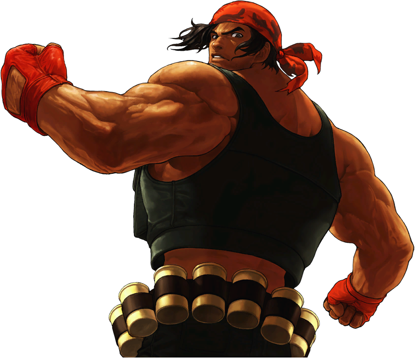 1boy bandana belt brown_hair clenched_hands explosive fingerless_gloves from_behind gloves grenade load_bearing_vest male_focus muscular official_art ogura_eisuke ralf_jones short_hair snk solo tan the_king_of_fighters the_king_of_fighters_xii transparent_background