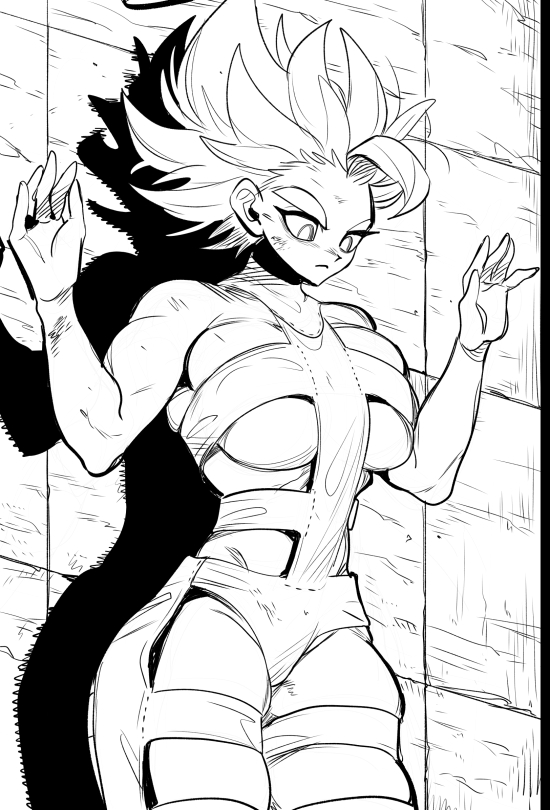 1girl alternate_costume breasts commentary_request dragon_ball genderswap genderswap_(mtf) gogeta greyscale hands_up monochrome nanika_(nnkgh) saiyan short_hair solo spiked_hair super_saiyan super_saiyan_1