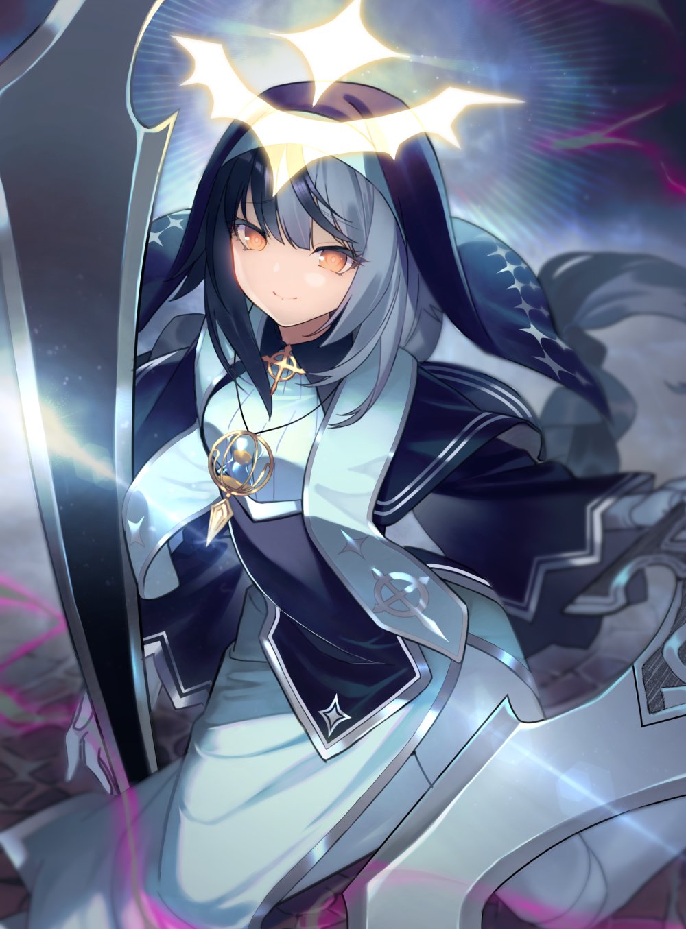 1girl arrow_cross black_capelet black_hair borrowed_character braid braided_ponytail capelet celtic_cross closed_mouth coif commission cross etomai grey_hair habit halo highres holding holding_weapon looking_at_viewer multicolored_hair nun orange_eyes original skeb_commission solo stole two-tone_hair veil violet_(ac8231) weapon