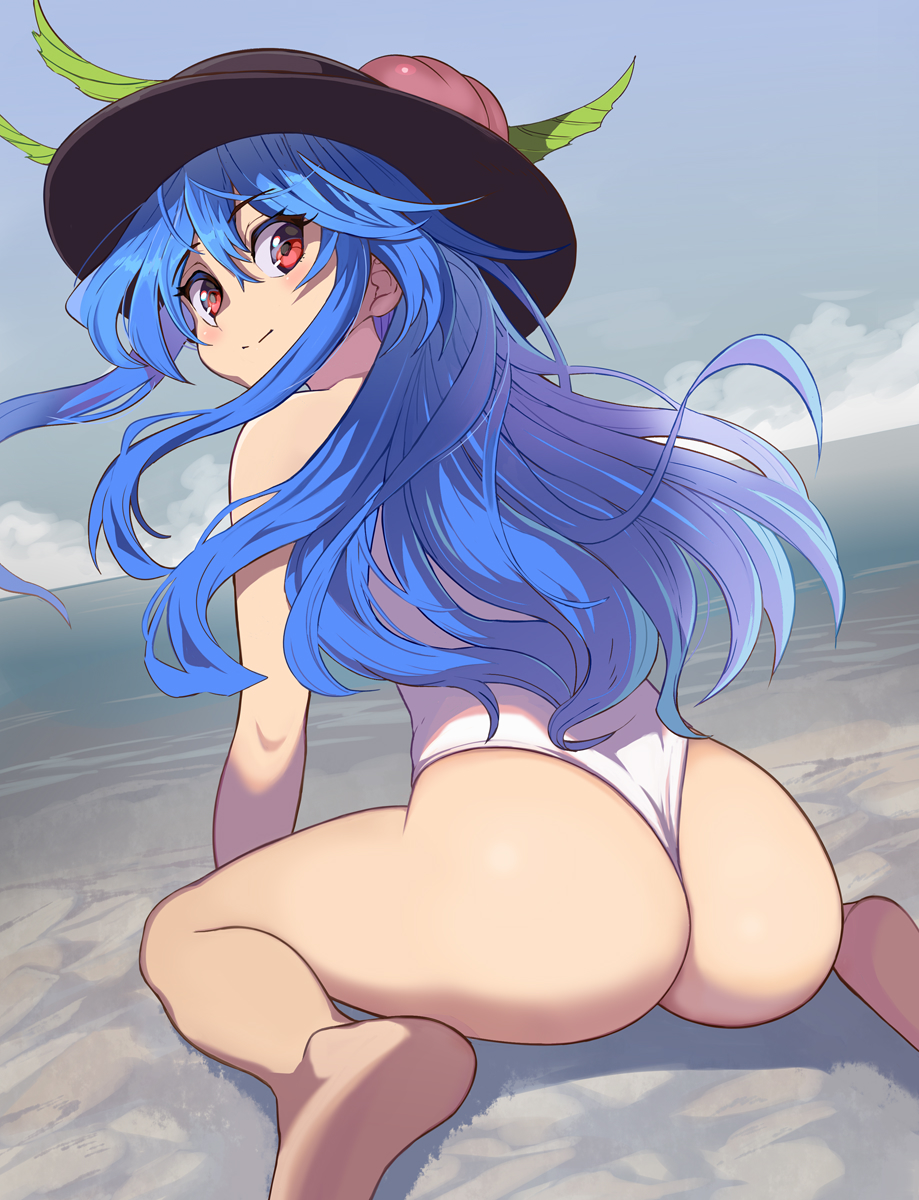 1girl ass bare_shoulders barefoot beach bikini blue_hair blush cloud day food fruit hat highres hinanawi_tenshi leaning_forward long_hair ocean peach red_eyes sitting solo swimsuit syope thong_bikini touhou wariza wedgie