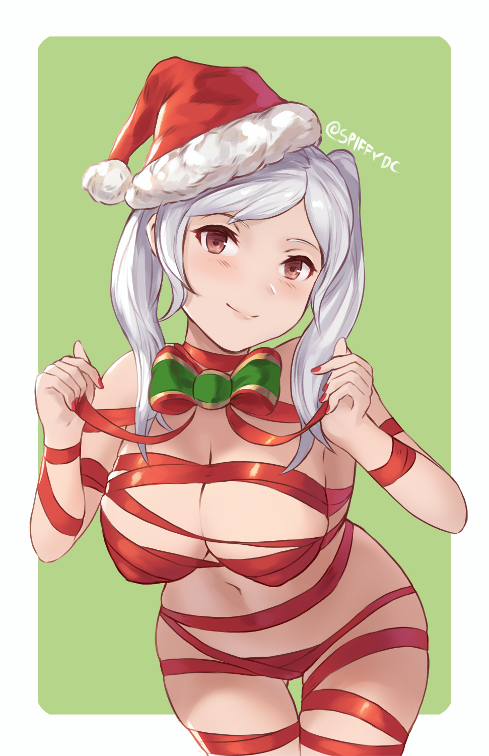 1girl blush bow breasts brown_eyes christmas cleavage fire_emblem fire_emblem_awakening gift gluteal_fold hat highres large_breasts looking_at_viewer navel nintendo ribbon robin_(female)_(fire_emblem) robin_(fire_emblem) santa_hat smile solo spiffydc thighs twintails white_hair