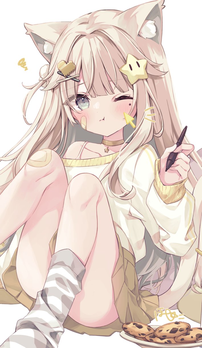 1girl :t animal_ear_fluff animal_ears bandaid blonde_hair blunt_bangs blush brown_skirt cat_ears cat_girl cat_tail closed_mouth collarbone cookie cursor food grey_eyes grey_socks hair_ornament hand_up heart heart_hair_ornament highres holding holding_stylus hoshi_(snacherubi) knees_up long_hair long_sleeves looking_at_viewer one_eye_closed original plate pleated_skirt simple_background single_bare_shoulder sitting skirt socks solo star_(symbol) star_hair_ornament strap_slip striped_clothes striped_socks stylus sweater tail white_background white_sweater