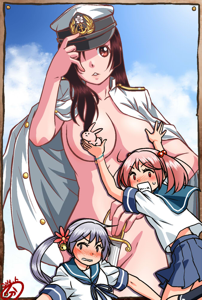 10s 3girls akebono_(kancolle) bell blush breasts buntaichou censored cloud convenient_censoring covered_erect_nipples covering_privates covering_breasts female_admiral_(kancolle) female_focus flower hair_bell hair_bobbles hair_flower hair_ornament hat jingle_bell kantai_collection large_breasts long_hair multiple_girls nose_blush open_clothes outdoors rabbit sazanami_(kancolle) school_uniform serafuku short_hair side_ponytail sky sword twintails weapon