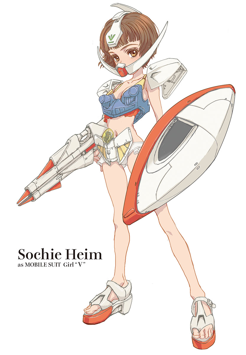 1girl armor bikini_armor brown_hair cosplay gun gundam hea-san highres holding holding_gun holding_shield holding_weapon looking_at_viewer loran_cehack mecha_musume mini_person miniboy shield short_hair sochie_heim solo_focus standing swimsuit turn_a_gundam turn_a_gundam_(mobile_suit) turn_a_gundam_(mobile_suit)_(cosplay) weapon