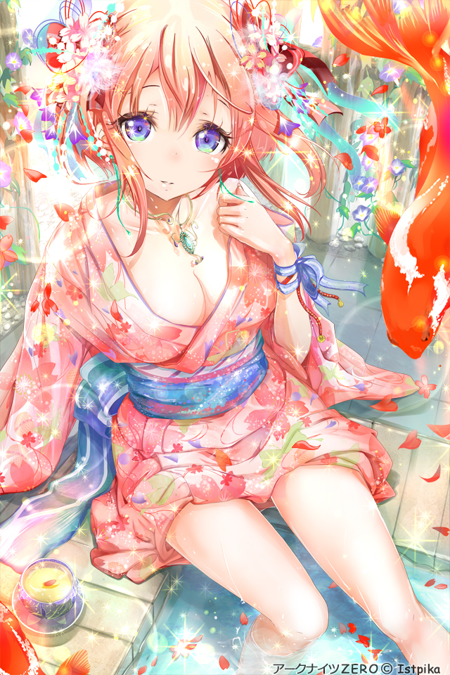 1girl ark_knights_zero blue_eyes breasts candle cleavage company_name copyright_name female_focus fish hair_ornament japanese_clothes jewelry keepout kimono medium_breasts necklace orange_hair original ribbon short_hair solo soramu water