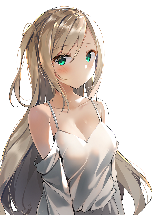 1girl bad_id bad_pixiv_id blonde_hair blue_eyes blush breasts cleavage closed_mouth collarbone girls&#039;_frontline hair_between_eyes long_hair looking_at_viewer medium_breasts off_shoulder sabet_(young_ouo) shirt sidelocks simple_background singlet solo suomi_(girls&#039;_frontline) white_singlet