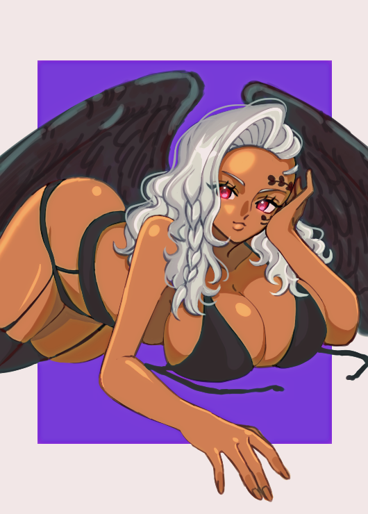 1girl angel_wings arm_rest black_bra black_wings border bra braid breasts cleavage commentary dark-skinned_female dark_skin elbow_rest facial_tattoo feathered_wings feet_out_of_frame female_focus full_body garter_straps genderswap genderswap_(mtf) head_rest king_(one_piece) large_breasts long_hair looking_at_viewer lying on_stomach one_piece outside_border pink_eyes plywood50482688 purple_background smile solo swimsuit symbol-only_commentary tattoo underwear white_border white_hair wings