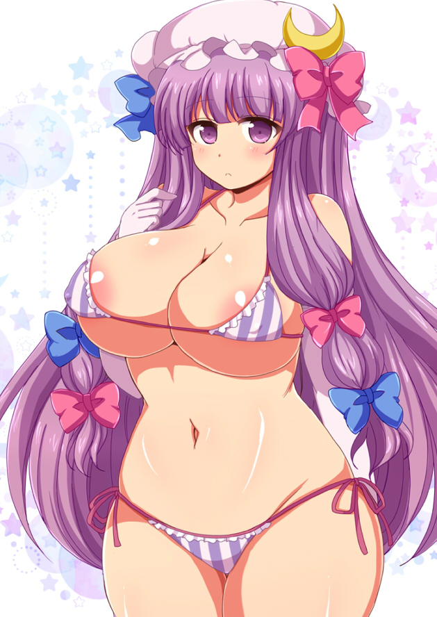 1girl afuro areola_slip bikini blue_bow blush bow breasts cleavage covered_erect_nipples cowboy_shot crescent crescent_hair_ornament curvy elbow_gloves female_focus frown gloves hair_bow hair_ornament hat hat_bow large_breasts long_hair looking_at_viewer micro_bikini mob_cap navel patchouli_knowledge purple_bikini purple_eyes purple_hair red_bow side-tie_bikini_bottom solo standing star_(symbol) stomach striped_bikini striped_clothes swimsuit thick_thighs thighs touhou very_long_hair white_background white_gloves wide_hips