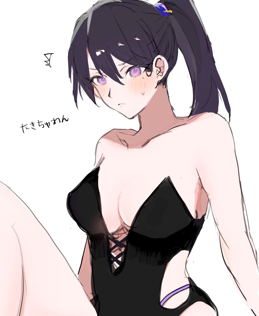 1girl bang_dream! bang_dream!_it&#039;s_mygo!!!!! black_one-piece_swimsuit blush breasts character_name cleavage commentary e9_(reve0126) hair_between_eyes hashtag-only_commentary large_breasts long_hair mole mole_under_eye official_alternate_hairstyle one-piece_swimsuit ponytail purple_eyes purple_hair shiina_taki simple_background solo strapless strapless_one-piece_swimsuit sweatdrop swimsuit translation_request white_background