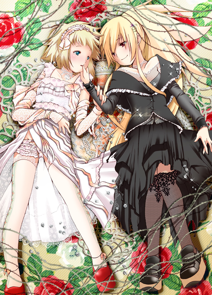 2girls bemani blonde_hair dance_dance_revolution dress drummania flower fujisaki_hikari gitadora gothic_lolita guitarfreaks jet_coaster_girl kosaka_riyu lace lingerie lolita_fashion long_hair multiple_girls rose short_hair thighhighs thorns underwear yuri