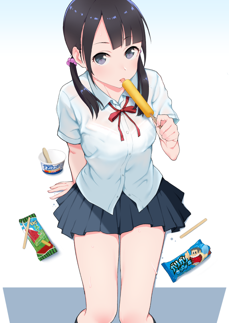 1girl arm_behind_back asymmetrical_bangs black_hair blouse blue_background bra breasts deca_purio disposable_spoon dress_shirt female_focus food gradient_background grey_eyes hair_bobbles hair_ornament long_hair looking_up original popsicle popsicle_stick school_uniform see-through_clothes see-through_shirt shirt simple_background sitting solo spoon thighs tongue tongue_out underwear white_background white_shirt wooden_spoon wrapper