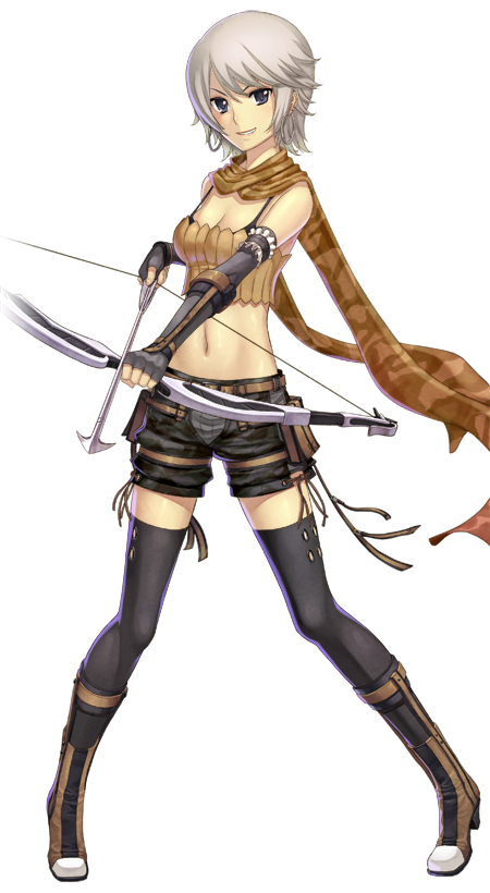 1girl arrow_(projectile) artist_request belt belt_pouch black_shorts black_thighhighs boots bow_(weapon) bra_strap breasts brown_belt brown_footwear brown_shirt brown_tube_top camouflage camouflage_scarf camouflage_shorts cleavage drawing_bow earrings fingerless_gloves full_body gloves grey_eyes grey_gloves grey_hair grin holding holding_arrow holding_bow_(weapon) holding_weapon hoop_earrings jewelry large_variant_set looking_at_viewer medium_breasts official_art pouch ragnarok:_guild_masters ragnarok_online ranger_(ragnarok_online) shirt short_hair shorts smile solo standing strapless thighhighs tube_top v-shaped_eyebrows variant_set weapon