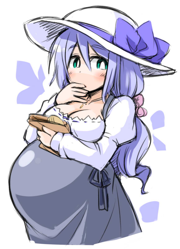 1girl bow breasts cleavage covering_own_mouth female_focus green_eyes hair_bow hair_ribbon hand_over_own_mouth hat hat_bow hat_ribbon kugelschreiber large_breasts large_hat light_purple_hair long_hair original ponytail pregnant ribbon solo