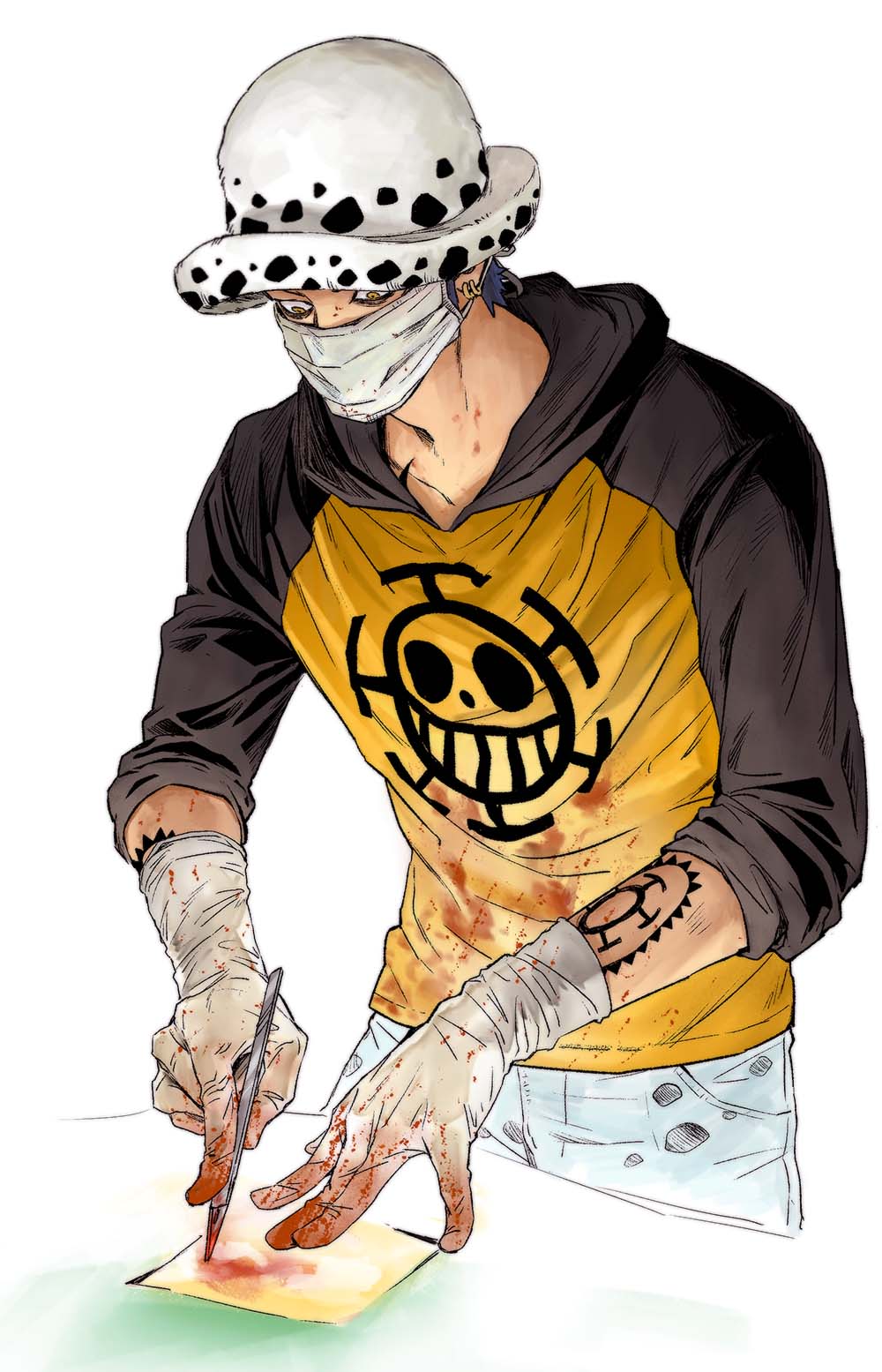 1boy arm_tattoo bags_under_eyes blood blood_on_clothes blood_on_face blue_hair chief_(chiefvinsmoke) denim gloves hat highres holding holding_scalpel hood hoodie jeans male_focus mask mouth_mask official_alternate_hair_color one_piece pants scalpel short_hair sleeves_rolled_up solo spots surgery surgical_mask tattoo trafalgar_law white_background white_gloves white_hat yellow_eyes