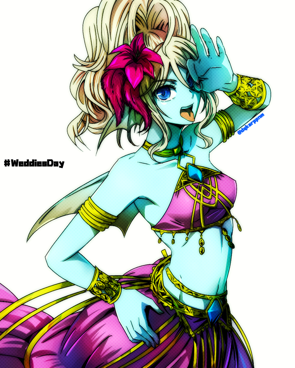 1girl aqua_skin back_fin bare_shoulders blonde_hair blue_eyes bracelet breasts colored_skin commentary_request cropped_shirt curly_hair dancer dragon_quest dragon_quest_x english_text fins flower gold_armlet gold_bracelet hair_flower hair_ornament hashtag head_fins high_ponytail highres jewelry leine_(dq10) looking_at_viewer medium_breasts midriff navel ok_sign ok_sign_over_eye open_mouth ozogori_(user_tzaz2447) purple_skirt shirt skirt sleeveless sleeveless_shirt solo tongue tongue_out weddie_(dq10) white_background