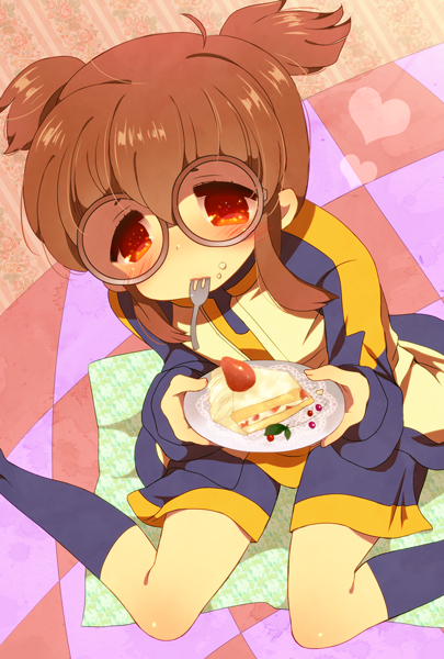 bad_id bad_pixiv_id brown_eyes brown_hair cake food fork hayami_tsurumasa inazuma_eleven inazuma_eleven_(series) inazuma_eleven_go jacket jakey looking_up male_focus plate short_hair short_twintails shorts trap twintails