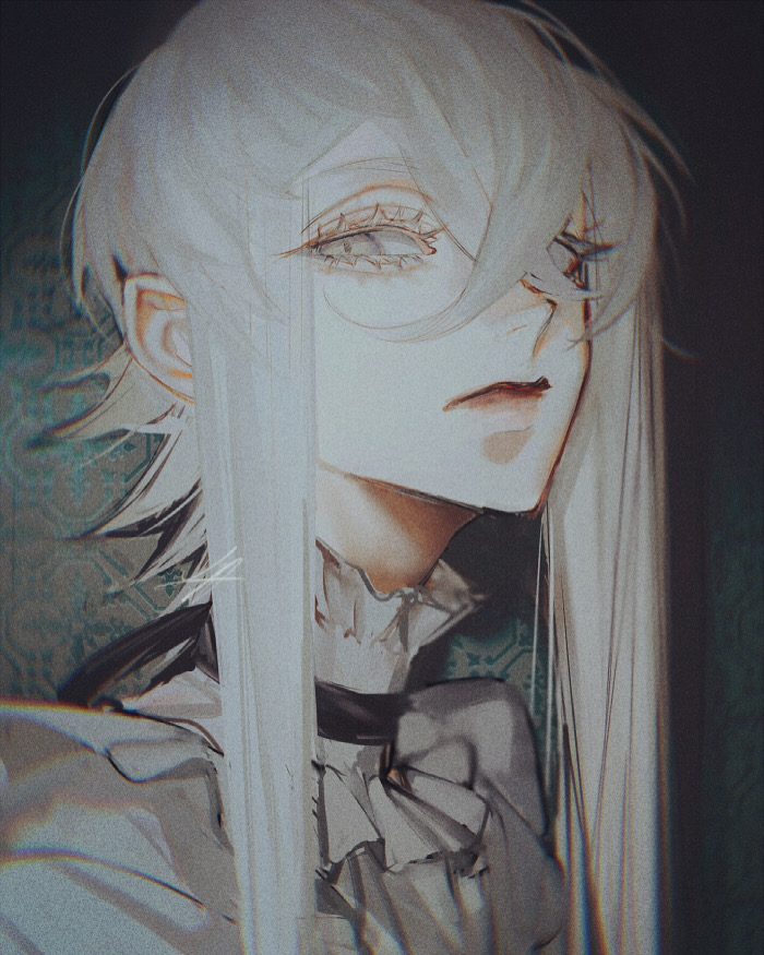 1boy androgynous asclepius_(fate) au_(d_elete) closed_mouth colored_eyelashes commentary crossed_bangs dress_shirt fate/grand_order fate_(series) grey_eyes grey_theme hair_between_eyes looking_at_viewer male_focus shirt solo wallpaper_(object) white_hair white_shirt