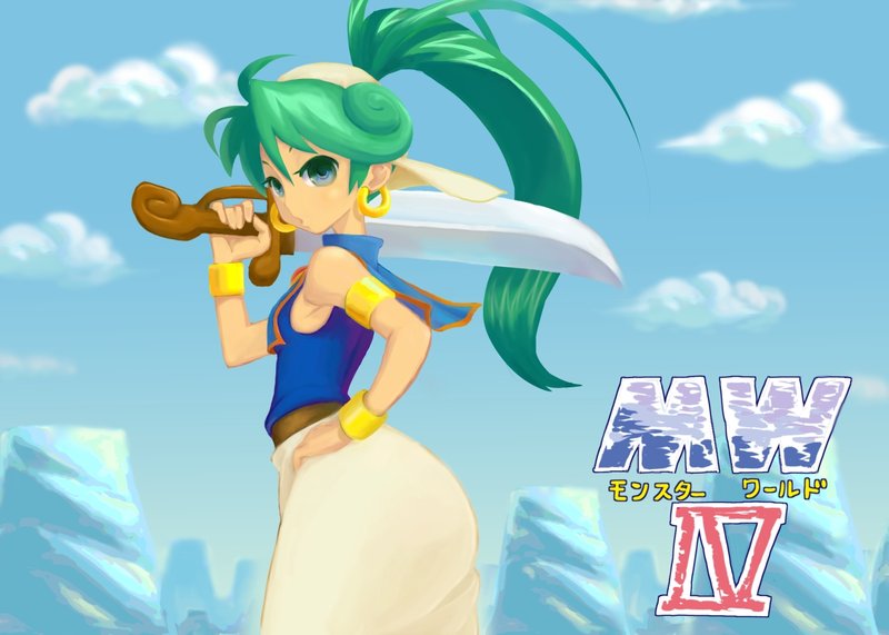 1girl ahoge arabian_clothes armlet asha_(monster_world) blue_eyes bracelet earrings female_focus green_hair hand_on_own_hip hoop_earrings image_sample jewelry kamiomutsu long_hair lots_of_jewelry monster_world monster_world_iv over_shoulder ponytail sega smile solo sword sword_over_shoulder tabard weapon weapon_over_shoulder