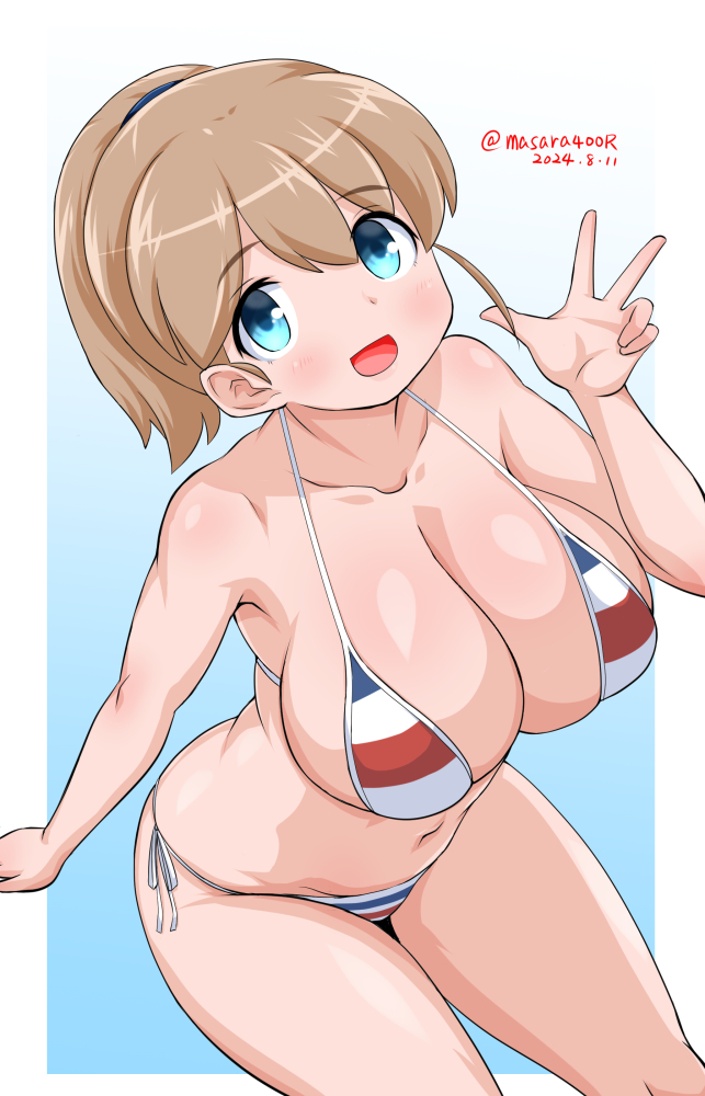 1girl bikini blue_background blue_eyes breasts cleavage collarbone dated gradient_background intrepid_(kancolle) kantai_collection large_breasts light_brown_hair masara_(chuujou) multicolored_bikini multicolored_clothes open_mouth short_hair side-tie_bikini_bottom smile solo striped_bikini striped_clothes swimsuit twitter_username v