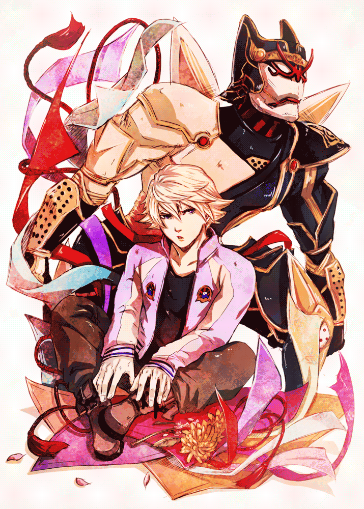 10s 2boys bad_id bad_pixiv_id blonde_hair dual_persona helmet iduhara ivan_karelin jacket letterman_jacket male_focus multiple_boys origami_cyclone paper purple_eyes purple_jacket ribbon short_hair shuriken sitting superhero_costume tiger_&amp;_bunny weapon