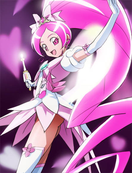 10s 1girl ass boots bow brooch cure_blossom cure_blossom_(super_silhouette) elbow_gloves eyelashes female_focus flower_tact gloves hanasaki_tsubomi haruyama_kazunori heart heart_brooch heartcatch_precure! jewelry long_hair magical_girl no_panties pink_eyes pink_hair pink_theme ponytail precure solo thigh_boots thighhighs upskirt very_long_hair wand