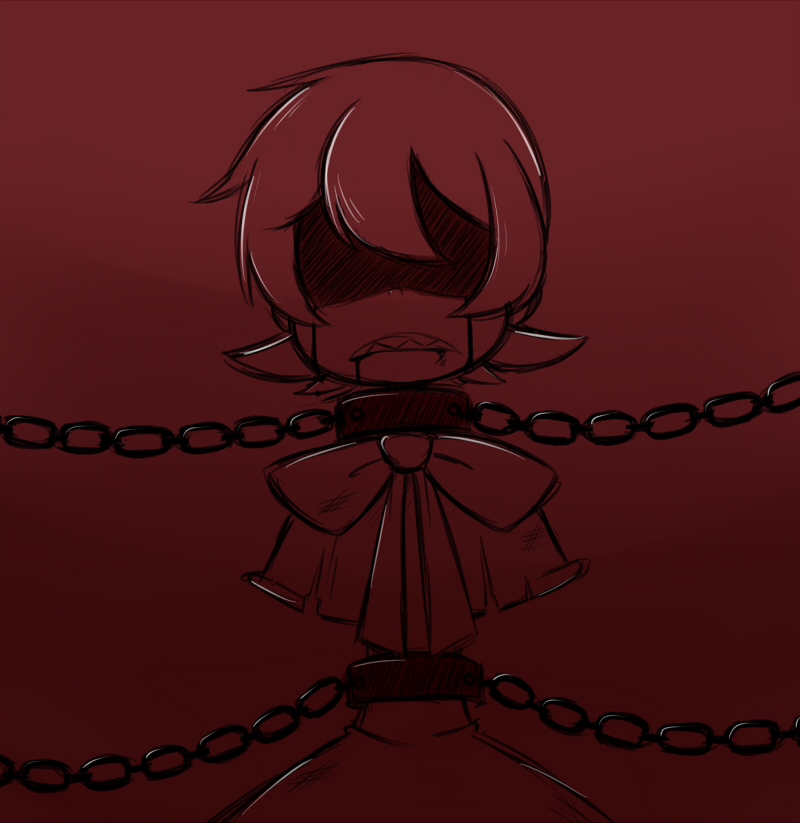 1girl amputee bad_id bad_pixiv_id blood bound bow capelet chain collar dress female_focus frown gias-ex-machella hidden_eyes monochrome parted_lips peacock_(skullgirls) red_background red_theme ribbon shaded_face sharp_teeth short_hair simple_background skullgirls solo spot_color standing teeth tied_up torn_clothes