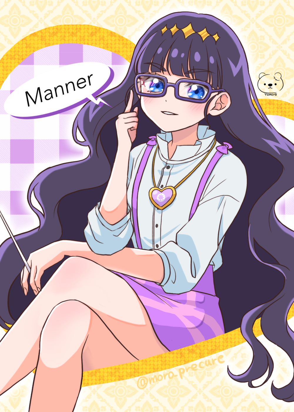 1girl artist_logo artist_name black_hair blue_eyes blush delicious_party_precure dress_shirt english_text glasses holding holding_pointer kasai_amane logo long_hair moro_precure open_mouth pointer precure purple-framed_eyewear purple_skirt shirt skirt solo suspender_skirt suspenders twitter_username very_long_hair white_shirt