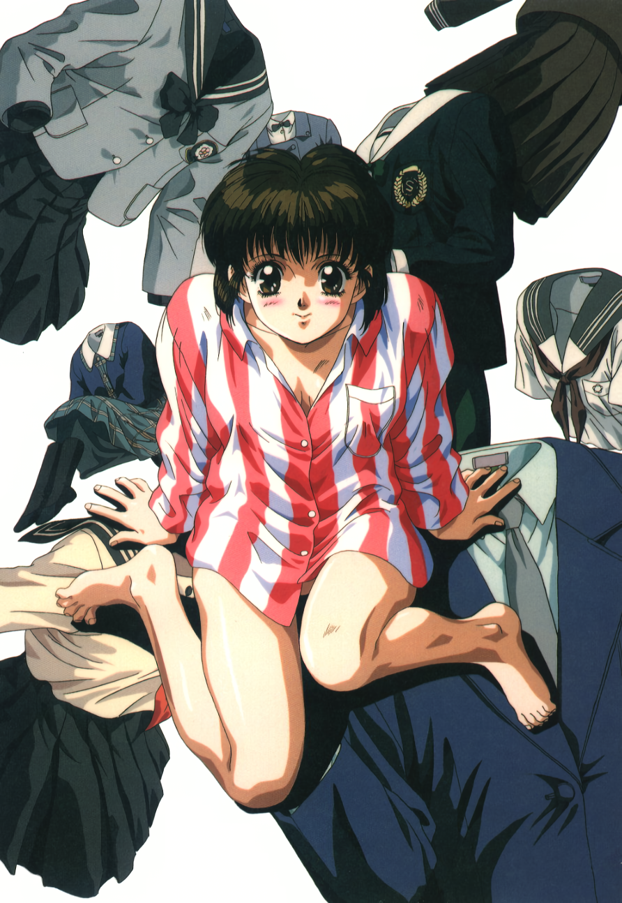 1990s_(style) 1girl barefoot black_skirt blazer blue_skirt blush brown_eyes brown_hair full_body grey_necktie highres jacket long_sleeves looking_at_viewer makino_ryuuichi miniskirt necktie no_pants non-web_source original pajamas pasocom_paradise pleated_skirt retro_artstyle school_uniform shirt short_hair skirt smile solo striped_clothes striped_shirt vertical-striped_clothes vertical-striped_shirt