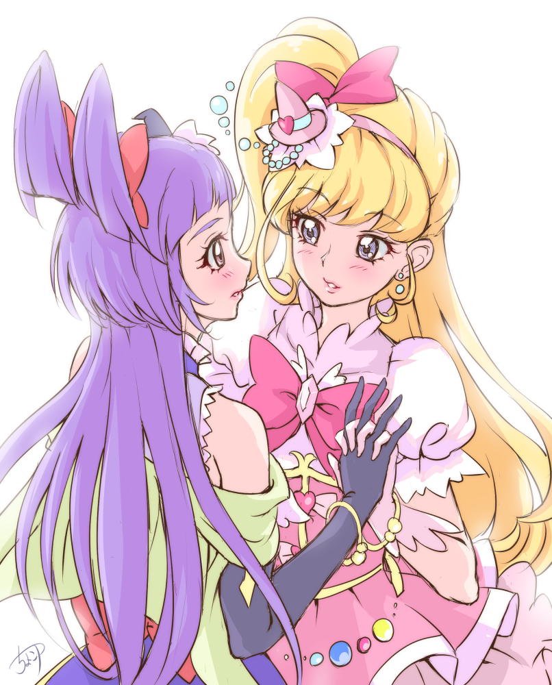 2girls asahina_mirai bare_shoulders blonde_hair blush bracelet chocokin cure_magical cure_miracle earrings elbow_gloves gloves hair_ribbon hairband holding_hands hat heart interlocked_fingers izayoi_liko jewelry lipstick long_hair mahou_girls_precure! makeup mini_hat mini_witch_hat multiple_girls one_side_up parted_lips precure purple_eyes purple_hair red_eyes ribbon riko_(mahou_girls_precure!) witch_hat