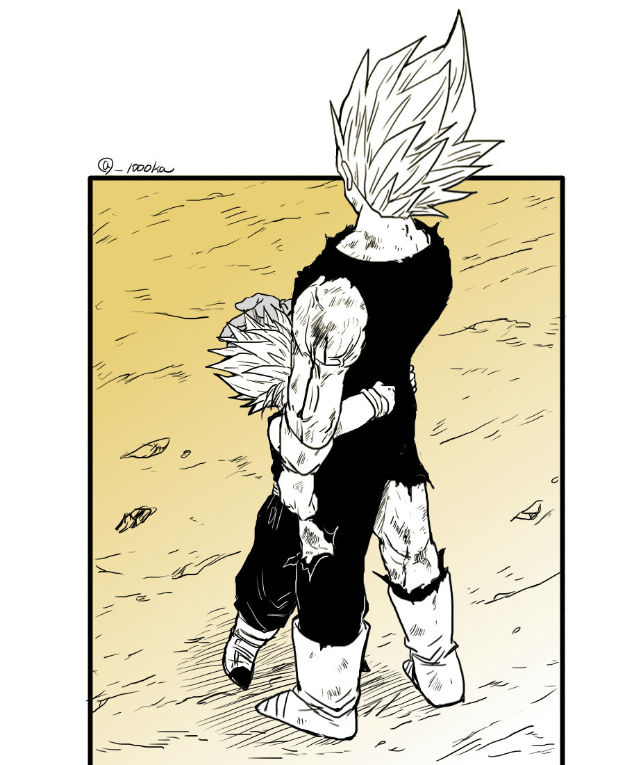 2boys bare_shoulders black_border blood blood_on_arm bodysuit boots border child commentary_request dougi dragon_ball dragonball_z father_and_son from_behind gloves hand_on_another&#039;s_head hug majin_vegeta male_focus multiple_boys muscular muscular_male outside_border scuffed senka-san spiked_hair spot_color standing super_saiyan super_saiyan_1 super_saiyan_2 torn_clothes trunks_(dragon_ball) twitter_username vegeta veins wristband