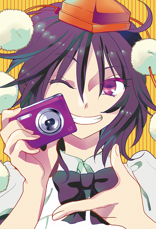 1girl black_hair camera female_focus grin hat looking_at_viewer one_eye_closed portrait red_eyes shameimaru_aya shinoasa short_hair smile solo tokin_hat touhou upper_body wink