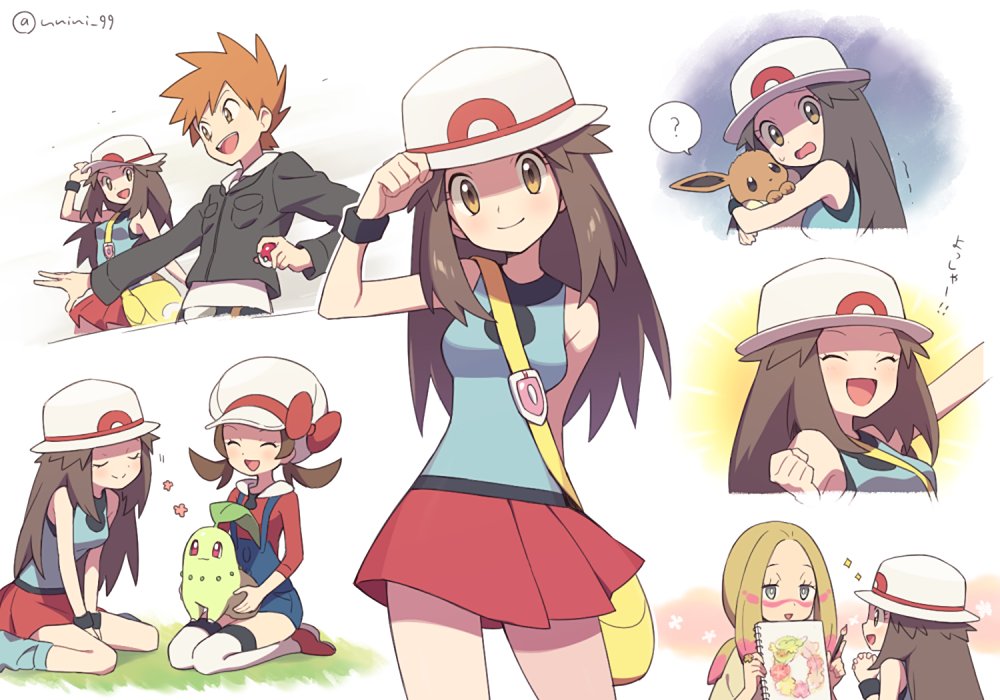 1boy 3girls ? agata_(agatha) bad_id bad_twitter_id bag blue_oak blue_shirt blush brown_eyes brown_hair cabbie_hat chikorita clenched_hand closed_eyes comfey creatures_(company) eevee facepaint game_freak gen_1_pokemon gen_2_pokemon gen_7_pokemon hat holding holding_poke_ball holding_sketchbook jacket leaf_(pokemon) long_hair long_sleeves lyra_(pokemon) messenger_bag mina_(pokemon) multiple_girls multiple_views nintendo open_mouth orange_hair paint paintbrush poke_ball poke_ball_(basic) pokemon pokemon_(creature) pokemon_frlg pokemon_hgss pokemon_masters_ex pokemon_sm porkpie_hat red_skirt shaded_face shirt shoulder_bag simple_background sitting sketchbook skirt sleeveless sleeveless_shirt smile sparkle suspenders thighhighs twitter_username vs_seeker white_background