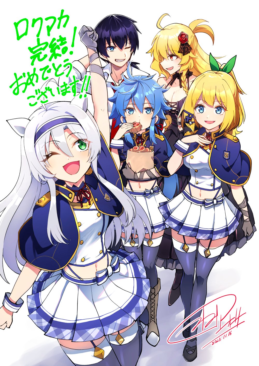 1boy 4girls ;d ahoge alzano_school_uniform arm_up black_dress black_hair blonde_hair blue_capelet blue_eyes blue_hair blue_hairband blue_thighhighs boots bow breasts brown_footwear buttons capelet celica_arfonia clenched_hands closed_mouth collared_shirt commentary_request crop_top dated double-breasted dress eating glenn_radars gloves green_bow green_eyes grey_gloves grin hair_bow hair_ornament hairband hand_on_own_chest highres holding large_breasts long_hair looking_at_another medium_hair midriff multiple_girls navel one_eye_closed open_mouth pleated_skirt rokudenashi_majutsu_koushi_to_akashic_record rumia_tingel ryiel_rayford school_uniform shirt signature single_glove single_wrist_cuff sistine_fibel skirt smile suspender_skirt suspenders thighhighs translation_request tsunemi_aosa walking white_background white_hair white_shirt white_skirt white_wrist_cuffs wrist_cuffs