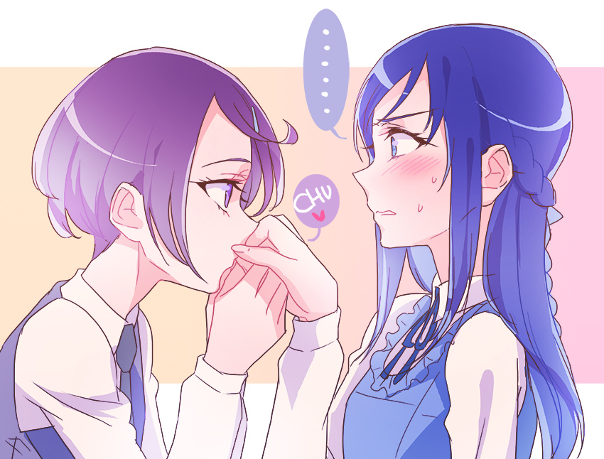 ... 2girls blue_eyes blue_hair blue_ribbon blush braid collared_shirt crown_braid dokidoki!_precure embarrassed eye_contact from_side grey_neckwear hair_ornament hairclip heart hishikawa_rikka kenzaki_makoto kiss kissing_hand long_hair long_sleeves looking_at_another multiple_girls neck_ribbon necktie negom precure purple_eyes purple_hair ribbon shirt short_hair speech_bubble sweatdrop swept_bangs upper_body vest white_shirt wing_collar yuri