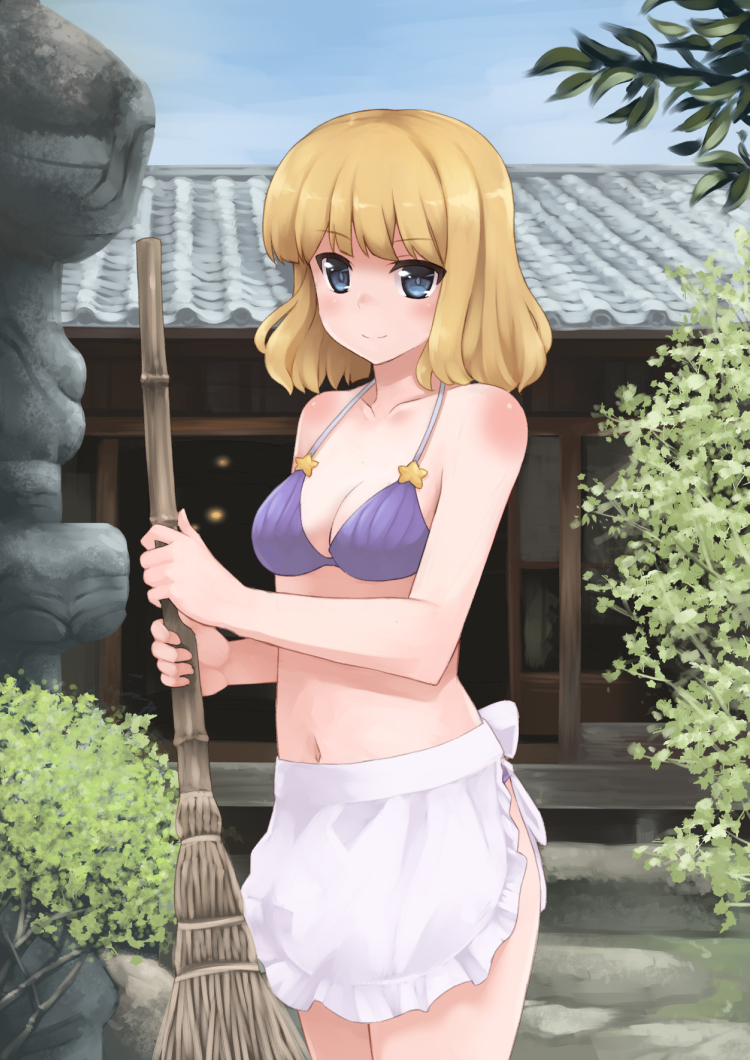 1girl akemiho_tabi_nikki apron bad_id bad_pixiv_id bikini blonde_hair blue_eyes breasts broom cleavage female_focus hoshino_seia kouno_hikaru navel original short_hair smile solo stomach swimsuit waist_apron