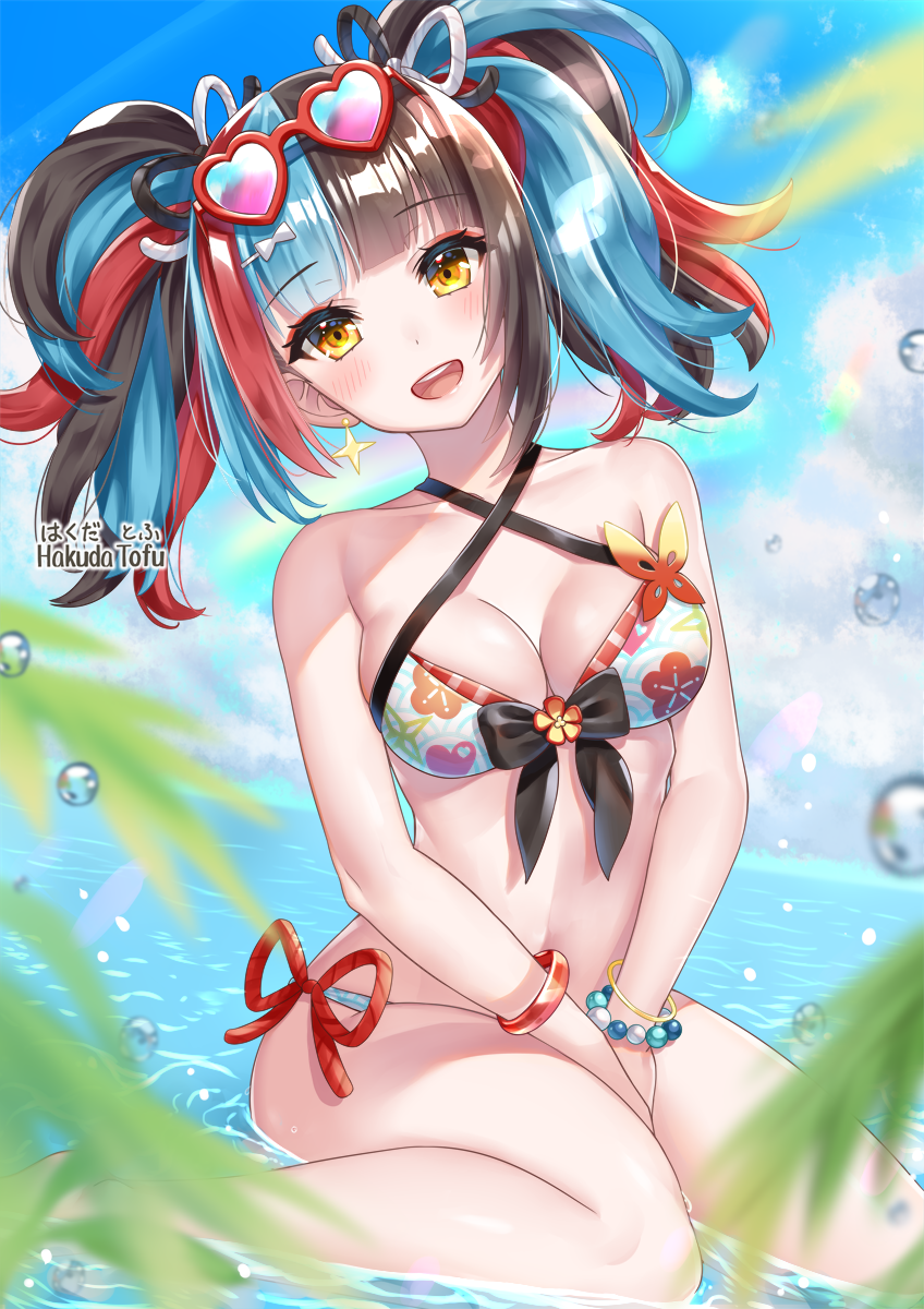 1girl :d bangle bare_arms bare_shoulders beach between_legs bikini black_hair blue_hair blue_sky blunt_bangs blurry blurry_foreground blush bracelet breasts cleavage cloud collarbone commentary_request criss-cross_halter day earrings eyewear_on_head fate/grand_order fate_(series) front-tie_top hair_ornament hair_ribbon hakuda_tofu halterneck hand_between_legs heart highres jewelry long_hair looking_at_viewer medium_breasts multicolored_hair ocean open_mouth outdoors palm_leaf red_hair ribbon sailor_collar sei_shounagon_(fate) sei_shounagon_(happy_drive)_(fate) side-tie_bikini_bottom sidelocks sitting sky smile solo sunglasses sunlight swimsuit twintails wariza water water_drop yellow_eyes