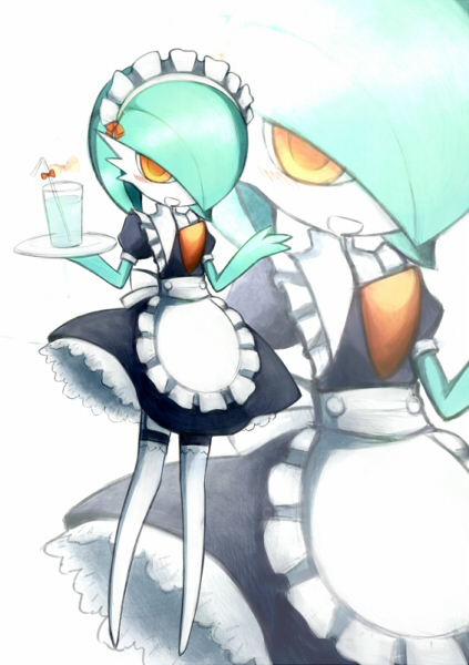 apron bob_cut colored_skin creatures_(company) daiquiri drink drinking_straw game_freak gardevoir gen_3_pokemon green_hair green_skin hair_over_one_eye holding holding_tray maid maid_apron maid_headdress multicolored_skin nintendo no_feet orange_eyes pokemon pokemon_(creature) smile thighhighs tray two-tone_skin white_skin white_thighhighs