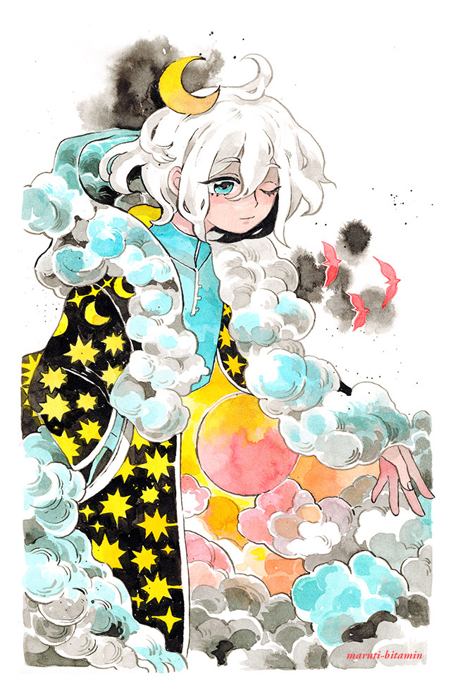 1boy above_clouds abstract_background ahoge androgynous bird black_cloak blue_clouds blue_eyes blue_shirt border cloak cloud crescent crescent_hair_ornament crescent_moon crescent_print giant hair_ornament male_focus maruti_bitamin medium_hair moon one_eye_closed orange_clouds orange_sky original painting_(medium) print_cloak red_bird red_sun shirt sky smile solo star_(symbol) star_print sun sunset traditional_media triadic_colors watercolor_(medium) white_background white_border white_hair yellow_sky