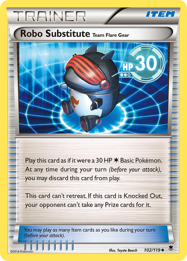 card_(medium) creatures_(company) doll english_text game_freak nintendo no_humans official_art pokemon pokemon_tcg robot sitting substitute_(pokemon) team_flare team_flare_logo toy trading_card